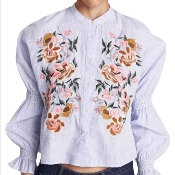 Zara Tops - ZARA Trafaluc Pin Striped Embroidered Flower Button Up Top Shirt Size XS